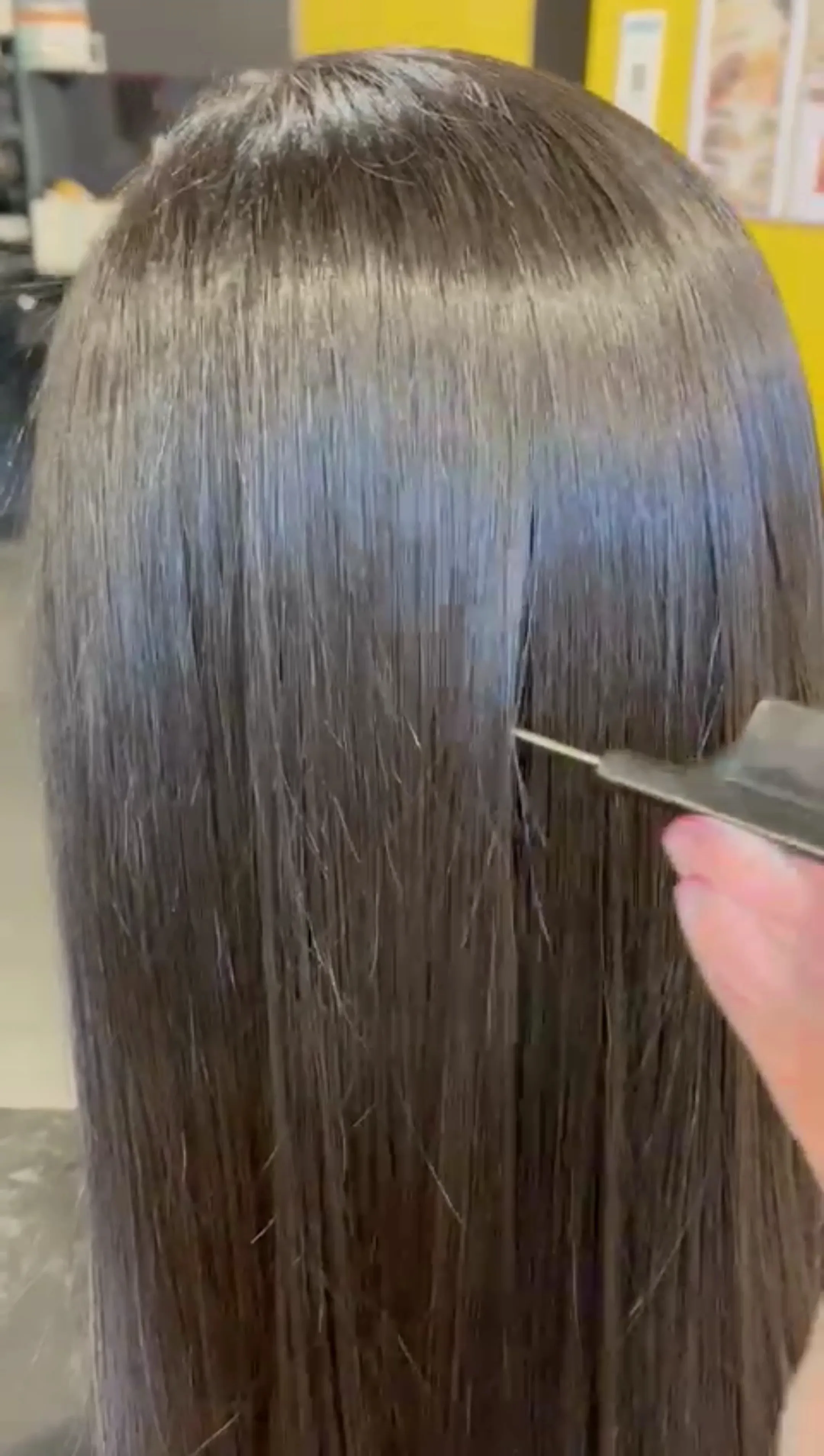 Stylist combing through long dark glossy hair mid-treatment in the salon