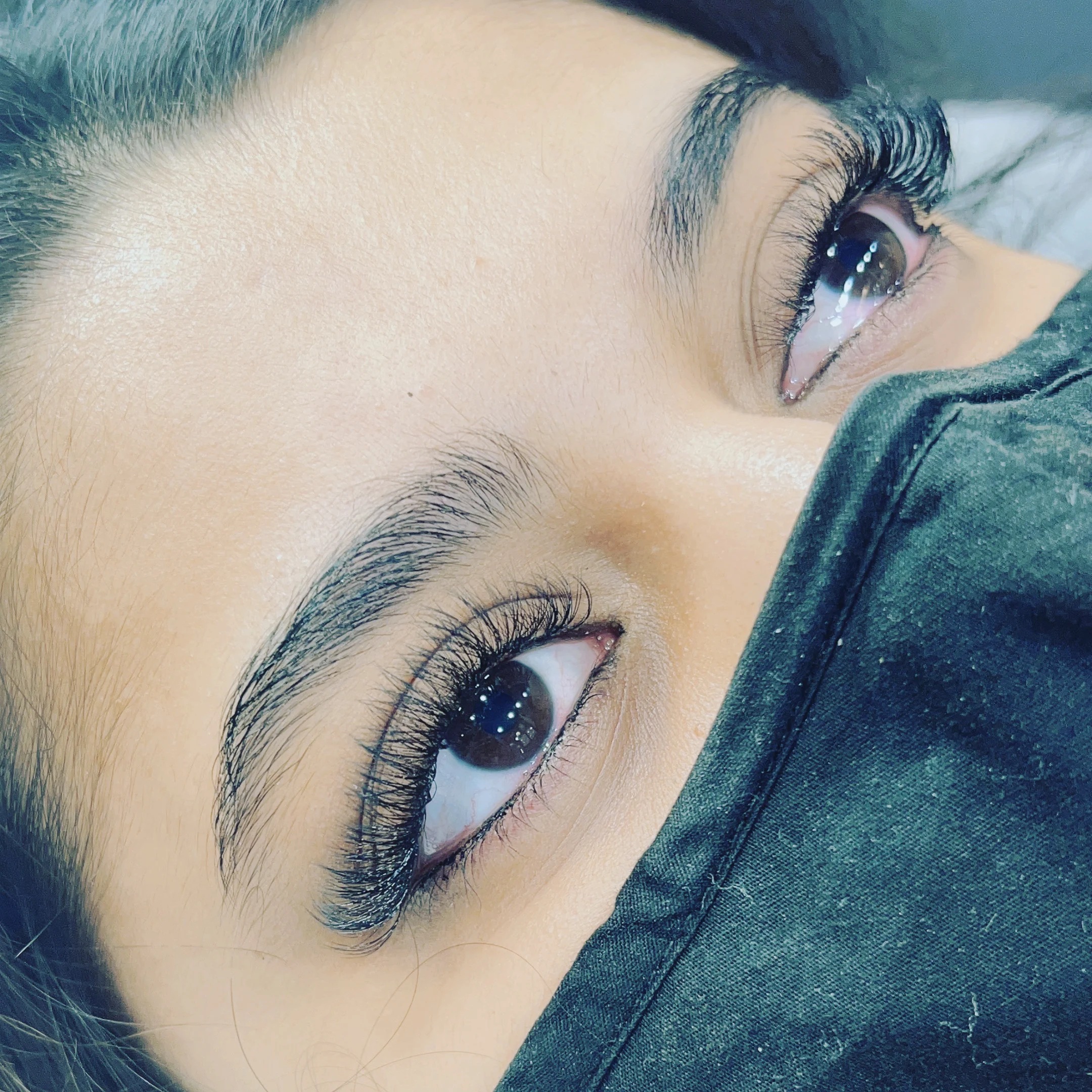 Dense dark volume lash extensions, cool green-grey tones, close macro