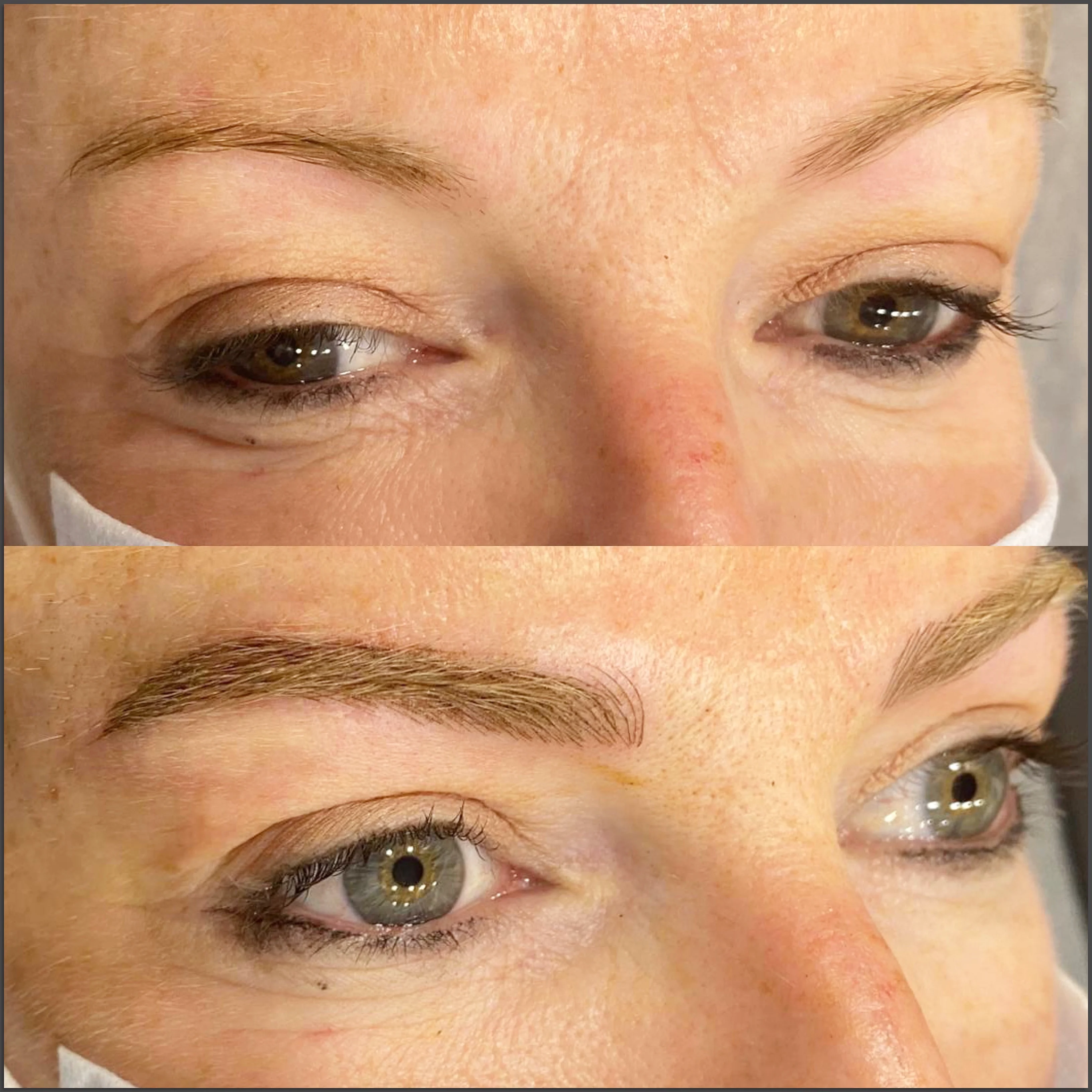 Brow comparison panel — sparse brows above, feathered defined brows below